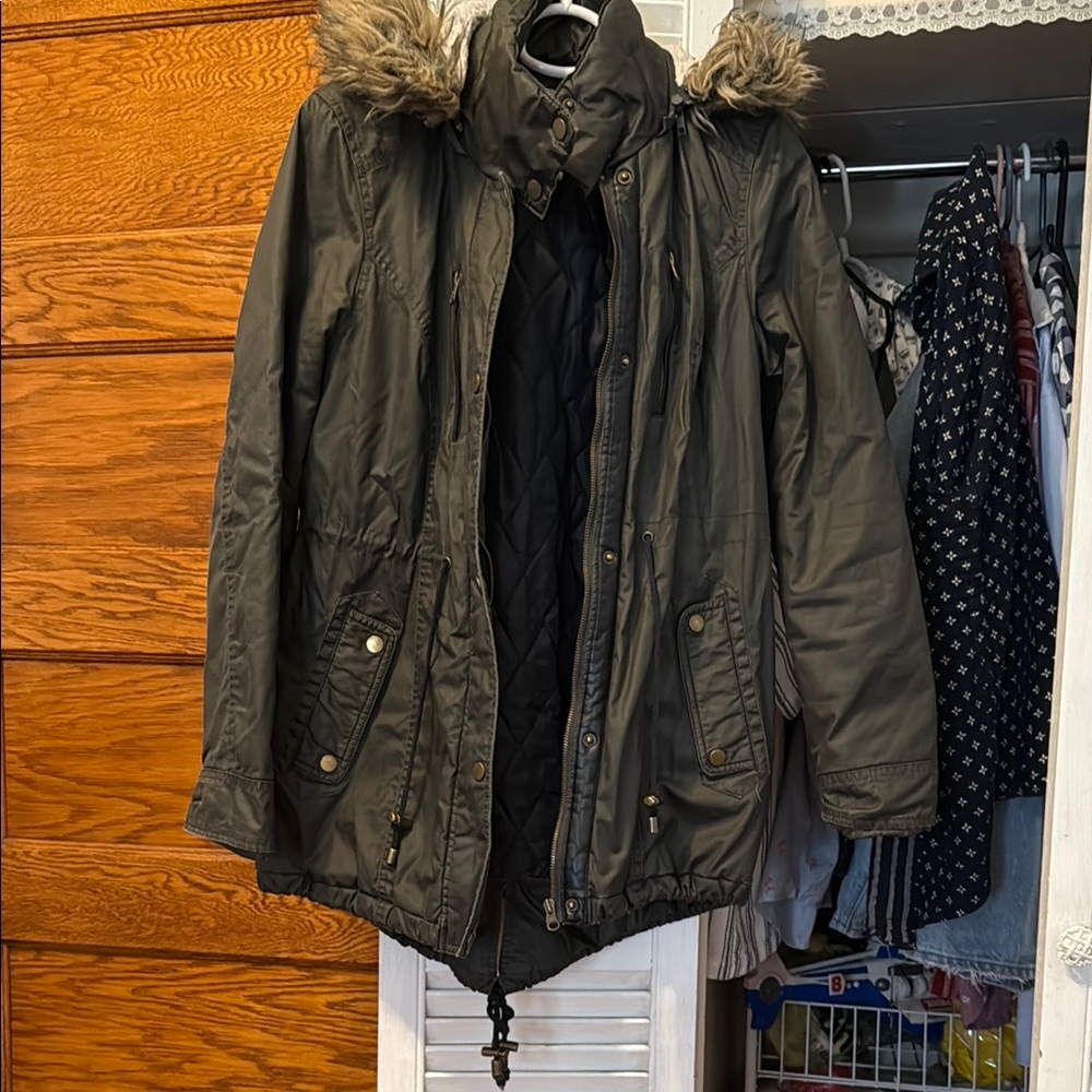 Women's Dark Olive Parka Coat with Faux Fur Hood